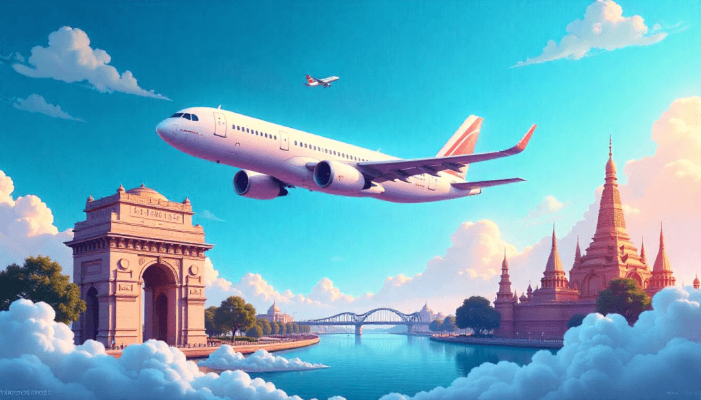 Bangkok skyline with Wat Arun, Buddha statue, and Chao Phraya River at sunset – a perfect Delhi to Bangkok flight destination.