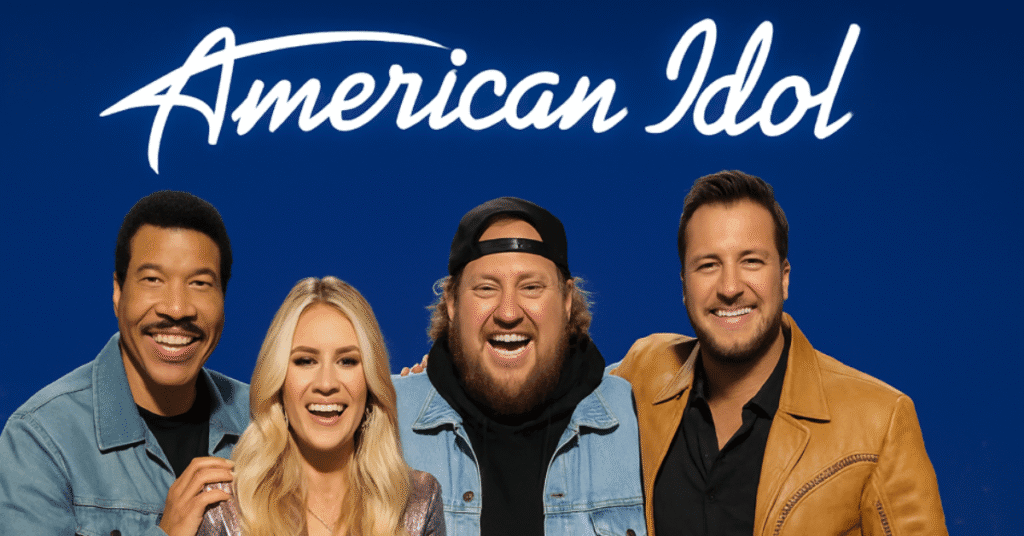 American Idol 2025 Top 5 finalists standing together on a blue background.