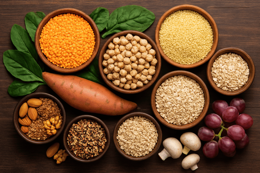 Assorted fresh foods rich in nutrition for a healthy 2025 diet